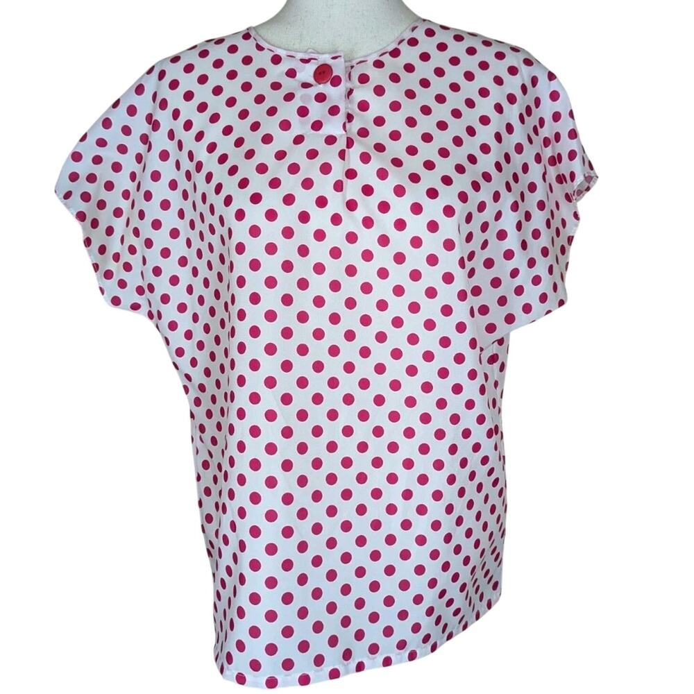 Vintage 80s Pink White Polka Dot Lucky Winner Blouse Short Sleeve Size Medium